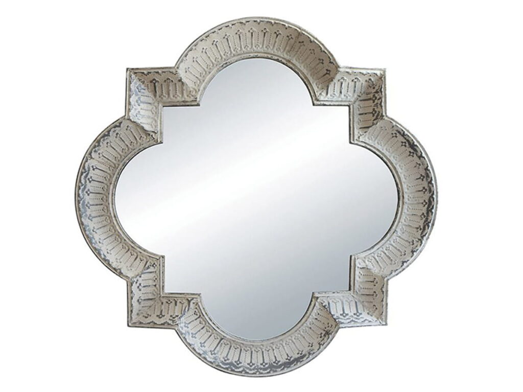 Metal Framed Quatre Foil Mirror, Distressed White Finish Tagourys House