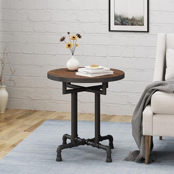 Tube Shaped Round Oak Wood Table Marquetree Top With Rustic Iron Base