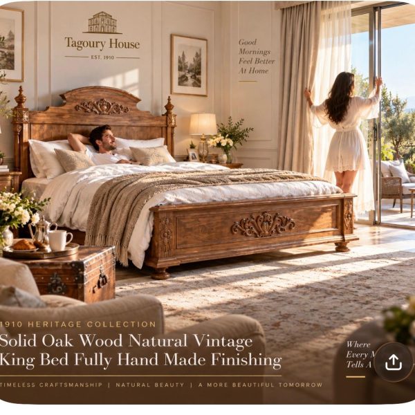 Solid Oak Wood Natural Vintage King Bed Fully Hand Made Finishing