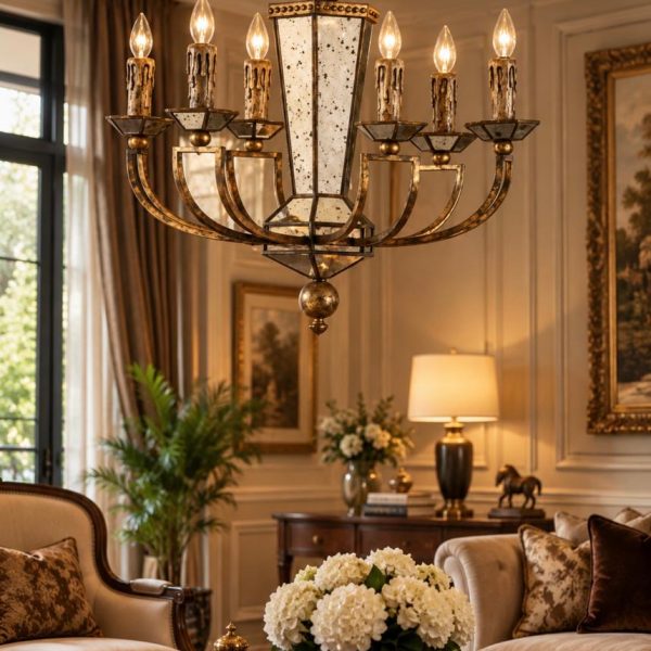 Golden Metal Chandelier Antique Glass Mirrors 6 Lamps Vintage Collection