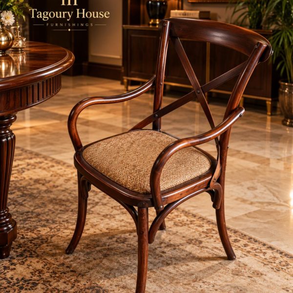 Solid French Oak Wood Chair With Natural Cane Seat And Cross Shaped Back