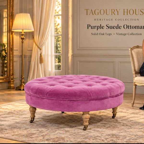 Puff Suede Round Purple Solid Oak Wood Vintage Collection