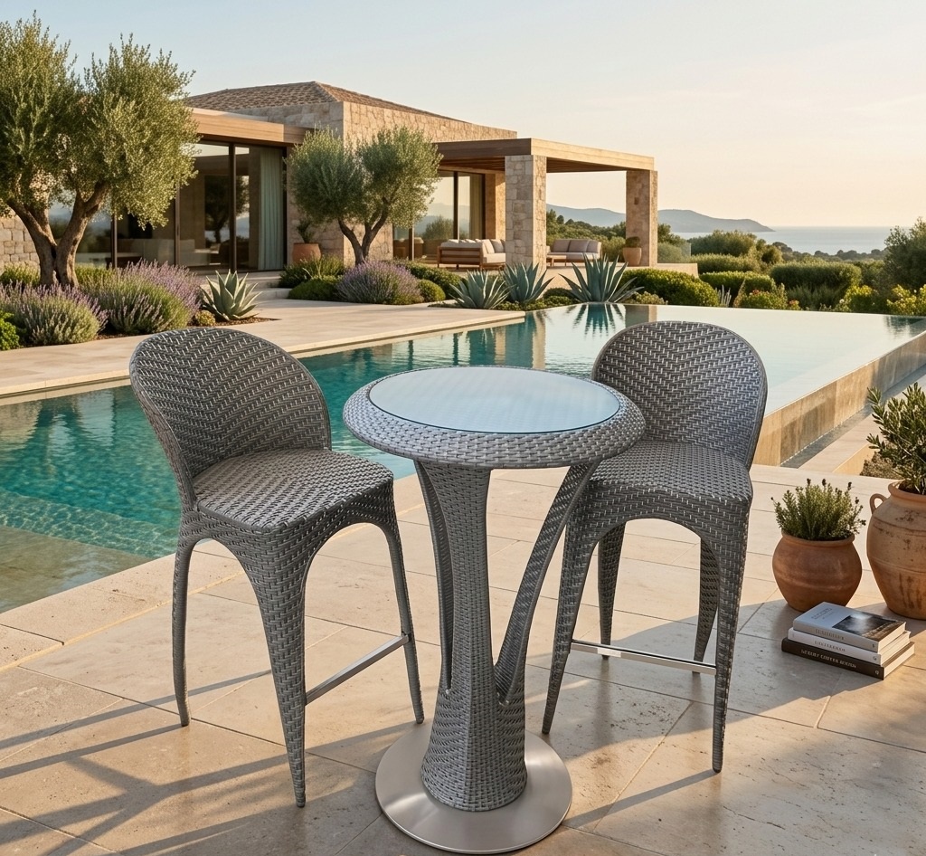 Grey rattan bar table w two high chairs