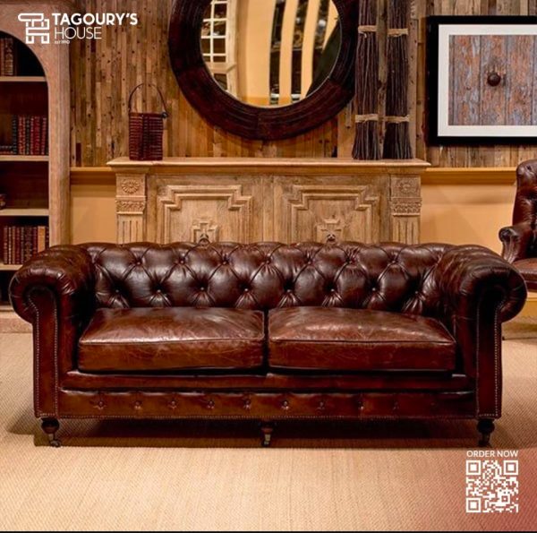 A.classic vintage brown leather chesterfield sofa (305cm)