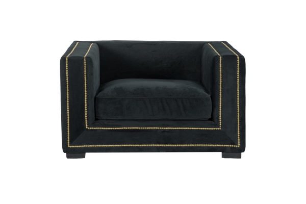 Black Velvet Sofa And Arm Chair With Golden Pins - Image 3