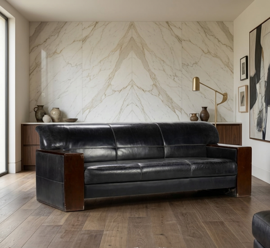 Black Full Real Leather Sofa With Solid Natural Wood Brown Arm Rest