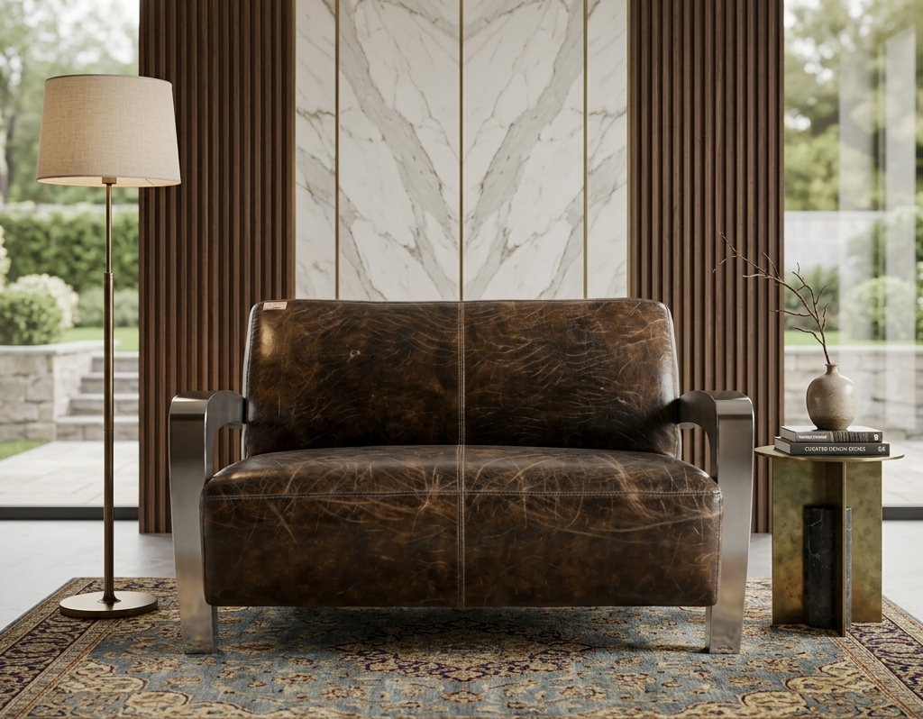Club Sofa 2 Seater Chrome And Real Full Leather Vintage Cigar Combined With Full Stainless Steel