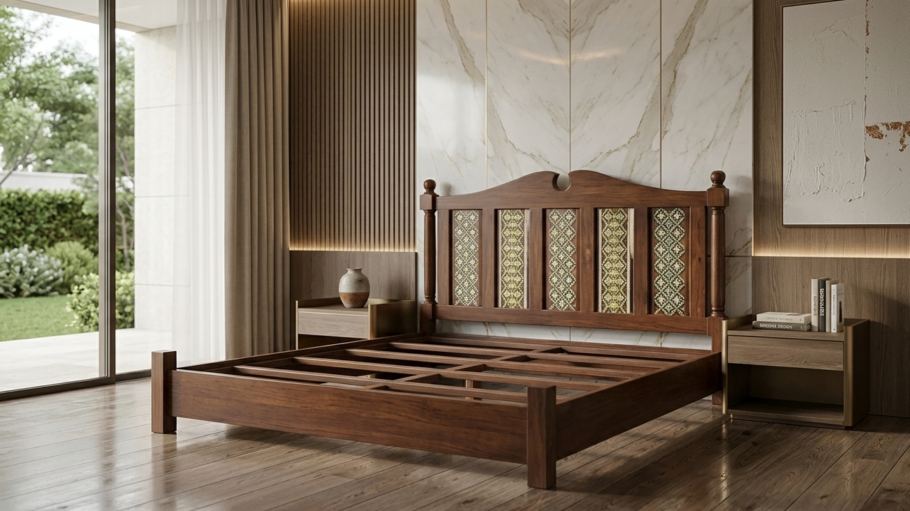 Genuine Solid Teak Wood Bed With Hand Made Pentre Drawings