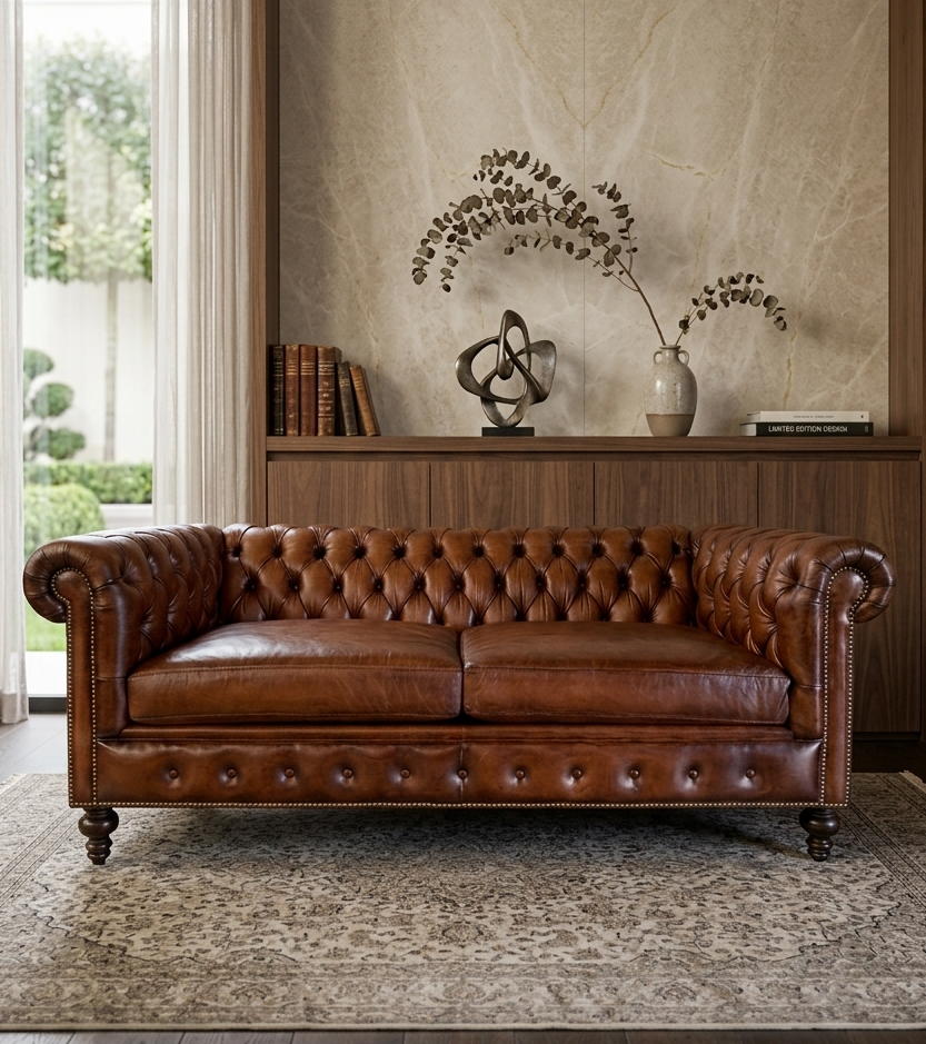 Vintage Cigar Color Cow Hide Full Real English Chesterfield Leather Sofa Size 180 CM