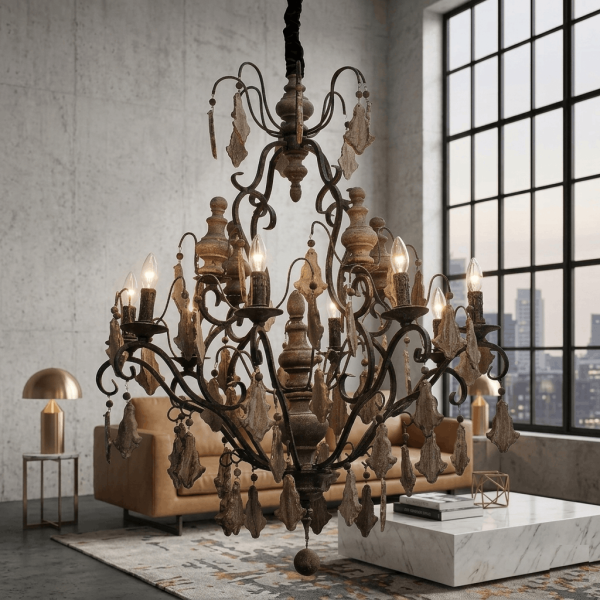 Natural Wood Beads And Painted Crystals Chandelier