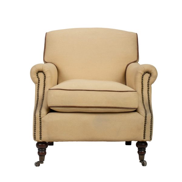 Beige fabric chair with pins with wooden legs