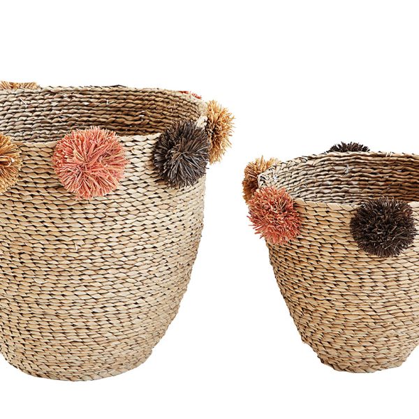 Natural Seagrass Baskets With Brown Hemp Orange Pom Poms Set of 2