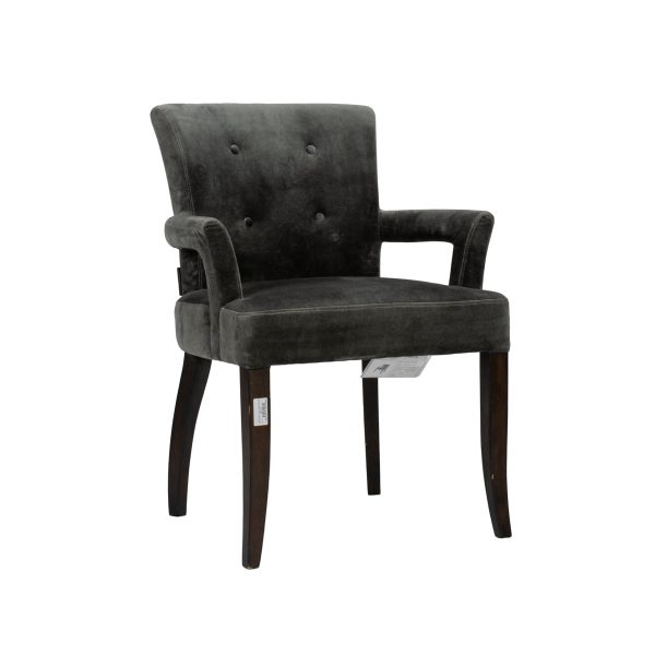 Dark gray suede chair with wooden legs