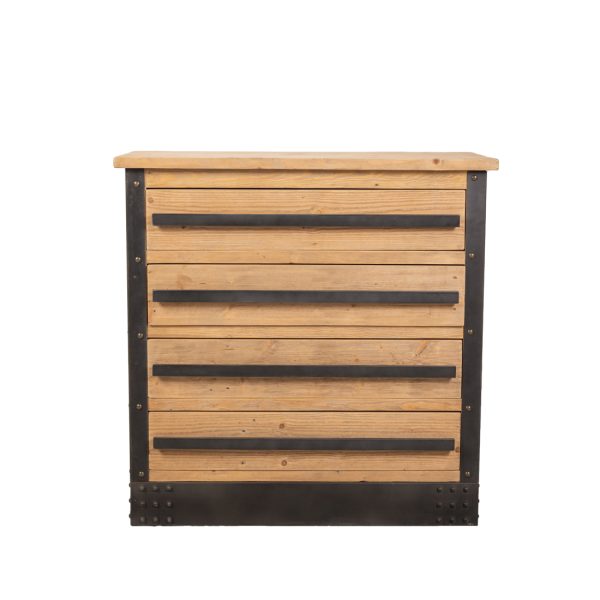 Vintage Solid Oak Natural Wood  Chest Of Drawers Combined With Rustic Iron Frame