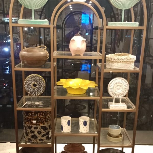 Full Stainless Steel Bronze Colour Etagere With Clear Glass Top And Natural Wooden Base