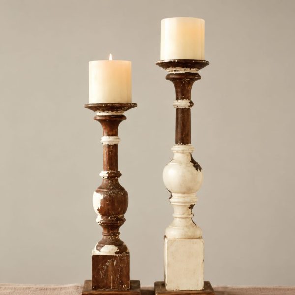 Mango Wood Hand Carved Candle Holder Distressed Cream Finish SMALL