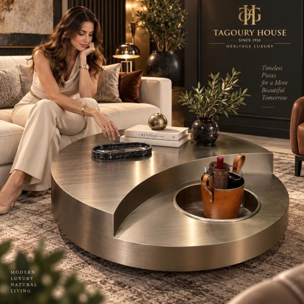 round coffee table, featuring a bronze-patinated or brushed metallic finish and a built-in recessed center well.