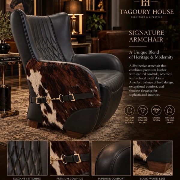 A distinctive armchair that combines premium leather with natural cowhide.