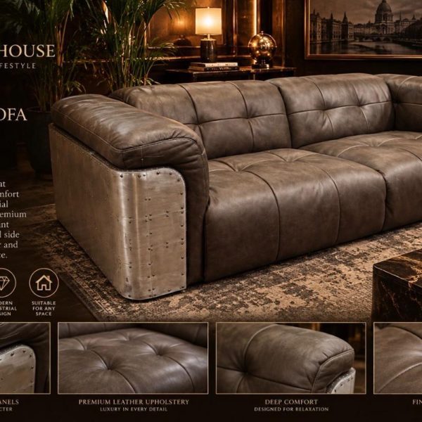 The Florence pairs smooth full grain leather with a firm, structured seat and exposed metal wrapping the entire frame.