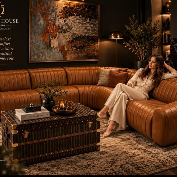 modern, curved channel-tufted leather sectional sofa